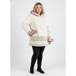 Vtg Marlo White Faux Fur Coat Women 1X Off White Hooded Pennylane Winter Retro